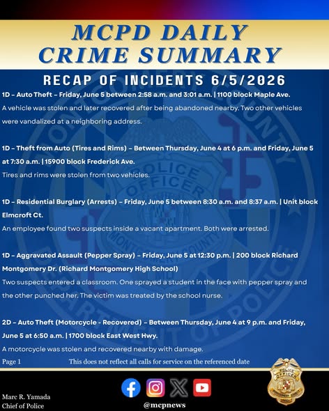 MCPD daily crime summary graphic